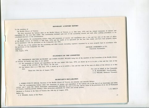 Honorary Auditors report and statements from committee