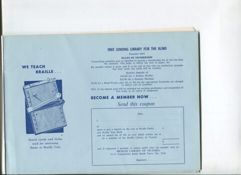 Advertisement for learning Braille or becoming a member of the library