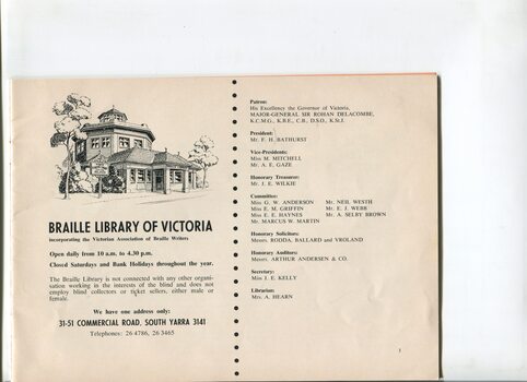 Illustration of octagonal Braille Library building and list of Office Bearers