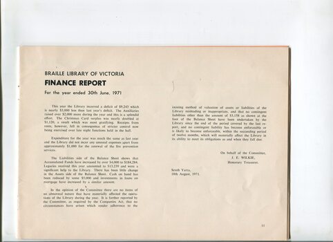 Finance Report for the Braille Library of Victoria