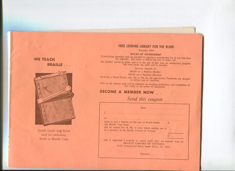 Advertisement for learning Braille or becoming a member of the library