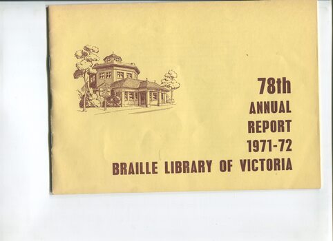 Illustration of Braille Library building in brown on buff coloured paper