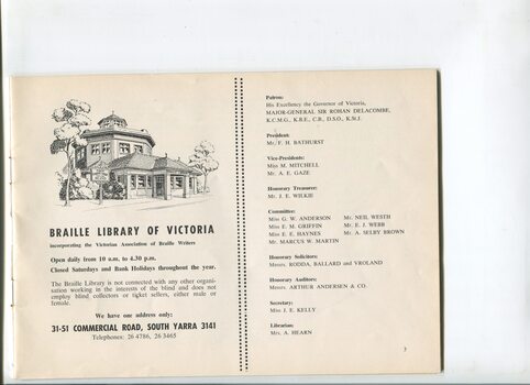Illustration of octagonal Braille Library building and list of Office Bearers