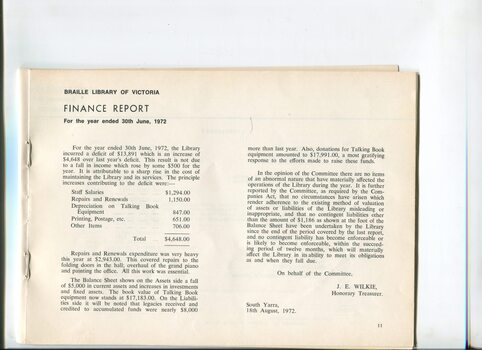 Finance Report for the Braille Library of Victoria