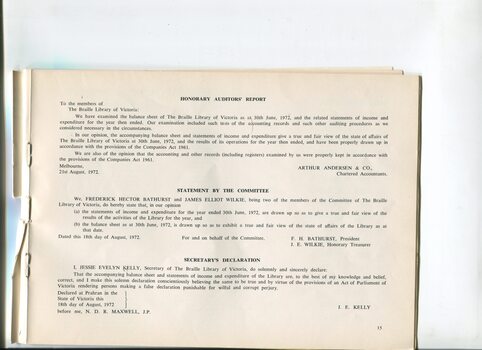 Honorary Auditors report and statements from committee