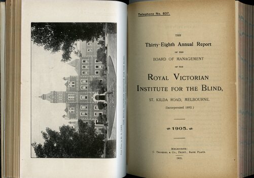 Photograph of St Kilda Road Building and front page of annual report for the RVIB