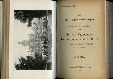 Photograph of St Kilda Road Building and front page of annual report for the RVIB