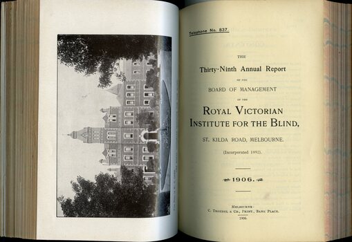 Photograph of St Kilda Road Building and front page of annual report for the RVIB
