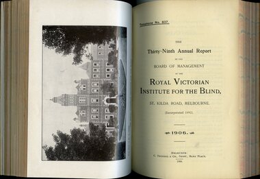 Photograph of St Kilda Road Building and front page of annual report for the RVIB