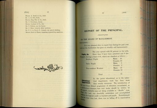 Acknowledgements to individual contributors and Report of the Principal to the Board of Management and Subscribers
