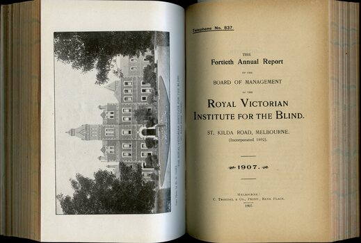 Photograph of St Kilda Road Building and front page of annual report for the RVIB