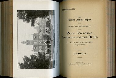 Photograph of St Kilda Road Building and front page of annual report for the RVIB