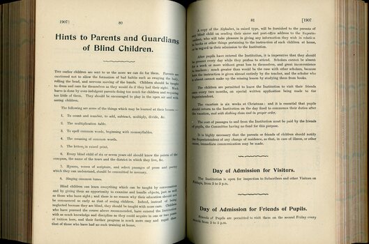 Hints to Parents and Guardians of Blind Children, Day of Admission for Visitors and Friends