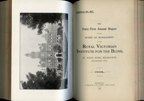 Photograph of St Kilda Road Building and front page of annual report for the RVIB