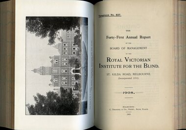 Photograph of St Kilda Road Building and front page of annual report for the RVIB