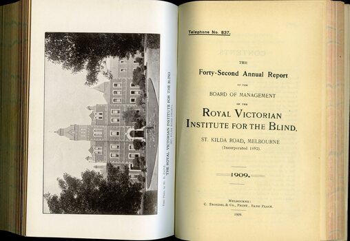 Photograph of St Kilda Road Building and front page of annual report for the RVIB