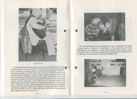 Annual President’s Report from Mrs Phyllis Gration and images of Chris Finnan, people playing Swish and making baskets