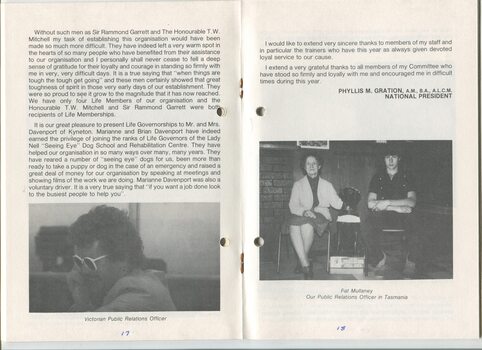 Annual President’s Report from Mrs Phyllis Gration and images of Pat Mullaney and a Victorian PR officer