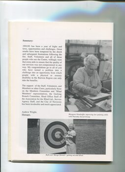 Overview of services provided by the centre with image of Margaret Neunhoffer painting and Margo Stewart removing arrows from a target