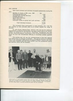 Chairman's report with image of Bill Vickers and other contestants at an indoor bowls match