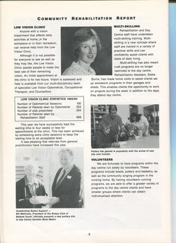 Community Rehabilitation report with images of Fiona Gregory, Bill Matthews, Beryl Madin and people doing pottery