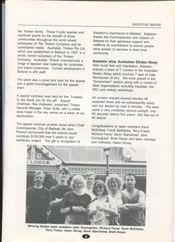 Executive report with images of winning team of John Conaughton, Richard Farrar, Karla McEldrew, Terry Fraser, Helen Hovey, Norm Stainistreet, Brett Dwyer
