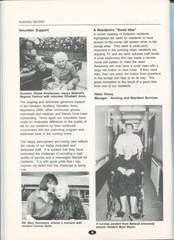 Nursing report with images of Rhoda Kristiansen, Elizabeth Arms, Mary Goossens, Connie Stohr, Myra Walsh