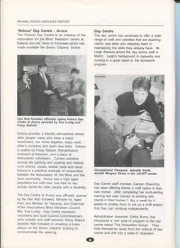 Rehabilitation Services report with images of Rob Knowles, Eve Lustig, Patsy Stidwell, Jeanette Smith and Margery Sharp