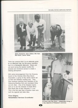 Rehabilitation Services report with images of Alice Gilbert, Win Hart , Ron Dunn, Laurie Tester and Ray Dunn