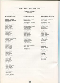 Staff listing as at 30th June 1995