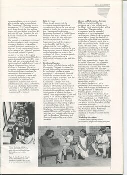 General Managers report with images of staff keying on computers and Dr Joan Rowlands, Paul Cullen, a young client and her parents