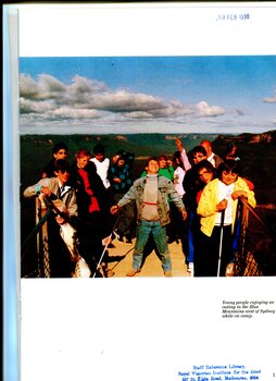 Colour photograph of teenagers at a lookout in the Blue Mountains