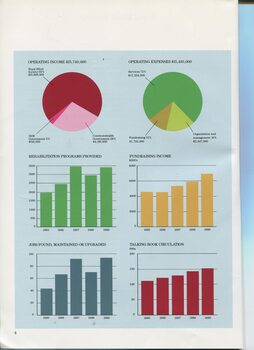 Pie charts showing income and expenses and bar graphs of rehab programs, jobs found, book circulation and fundraising