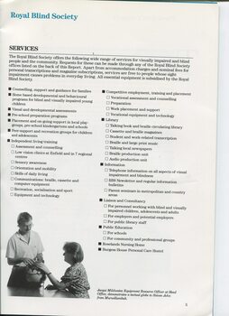 Listing of all services provided by RBS and image of Jacqui Mildwater and Steven John with a tactile globe