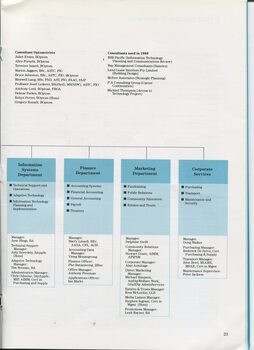 Organisational structure chart showing divisions, senior staff and qualifications and consultants used