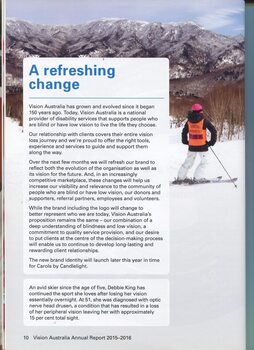 Advice that brand will change and profile of skier Debbie King and image of her on slopes