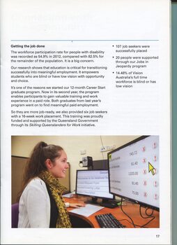 Shifting ways of thinking with technology and image of woman looking at large font on screen and using magnifier