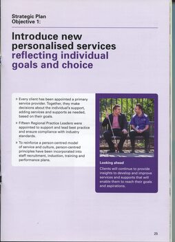 Summary of outcomes against Strategic Plan with image of man with white cane and VA staffer sitting on bench