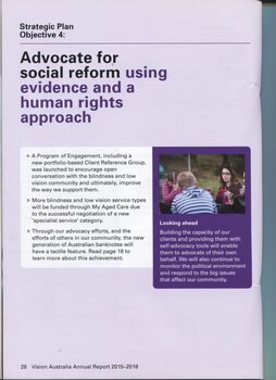 Summary of outcomes against Strategic Plan with image of woman speaking with young people in outdoor setting