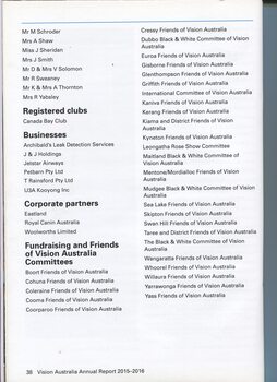 Listing of Major Individual Donors, Registered Clubs, Businesses, Corporate Partners and Friends of Vision Australia committees