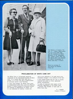 Premier R.J.Hamer with Gladys Carter and Bessie Bird at the official Proclamation of White Cane Day 