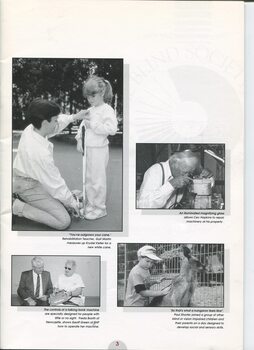 Four images: Krystal Kelleher with Gail Martin, Fred Booth and Geoff Green, Cec Hopkins using illuminated magnifier and Paul Short with kangaroo
