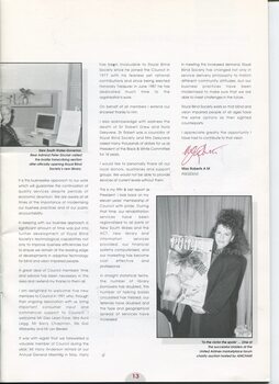 President's report with images of Governor Peter Sinclair visiting braille transcriber and winner of charity auction