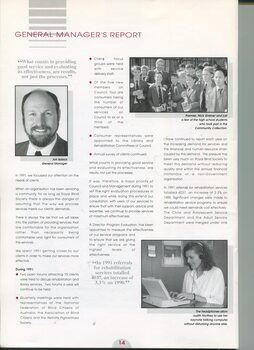 General Managers report with images of Jon Isaacs, Premier Nick Greiner with high school collectors and Judith Northey listening to her computer