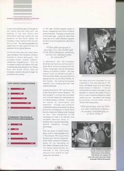 General Managers report with images of Ettore Cipollone with PM Bob Hawke, Nick Opolski narrating and bar graph of low vision consults and public relations activities