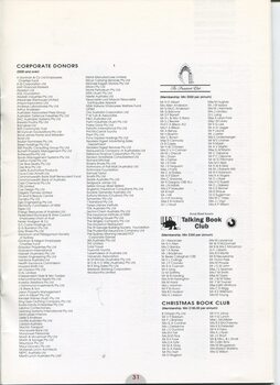 List of corporate donors over $500 and President’s Club, Talking Book Club and Christmas Book Club members