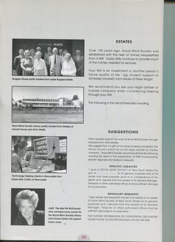 Bequest information and images of Burgess House residents, Enfield building, screen magnifier in use and Pat McDonald