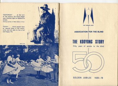 Man with 'Blind' sign around neck and holding out hand, people square dancing, Guiding Light logo and title