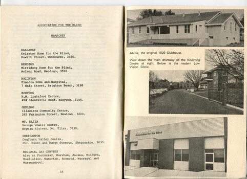 List of branches and images of original Clubhouse, down driveway at Kooyong and Low Vision Clinic