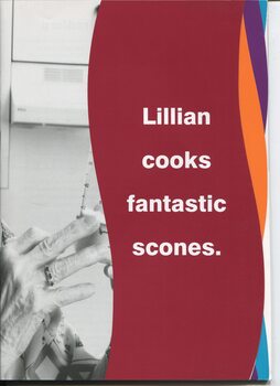 White writing on maroon background: Lillian cooks fantastic scones